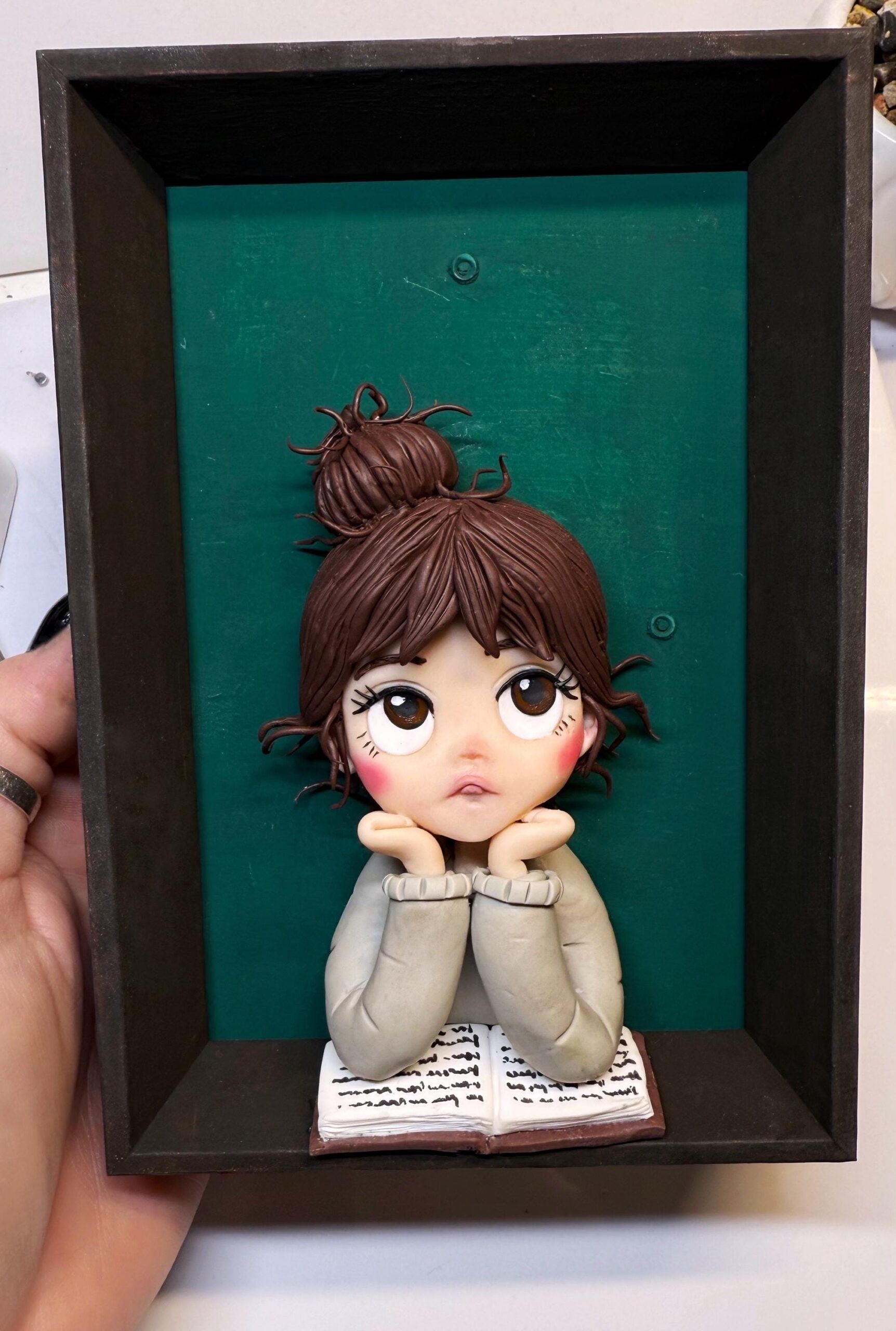 Handmade Clay Doll Portrait: Little Reader in Shadow Box - Image 3