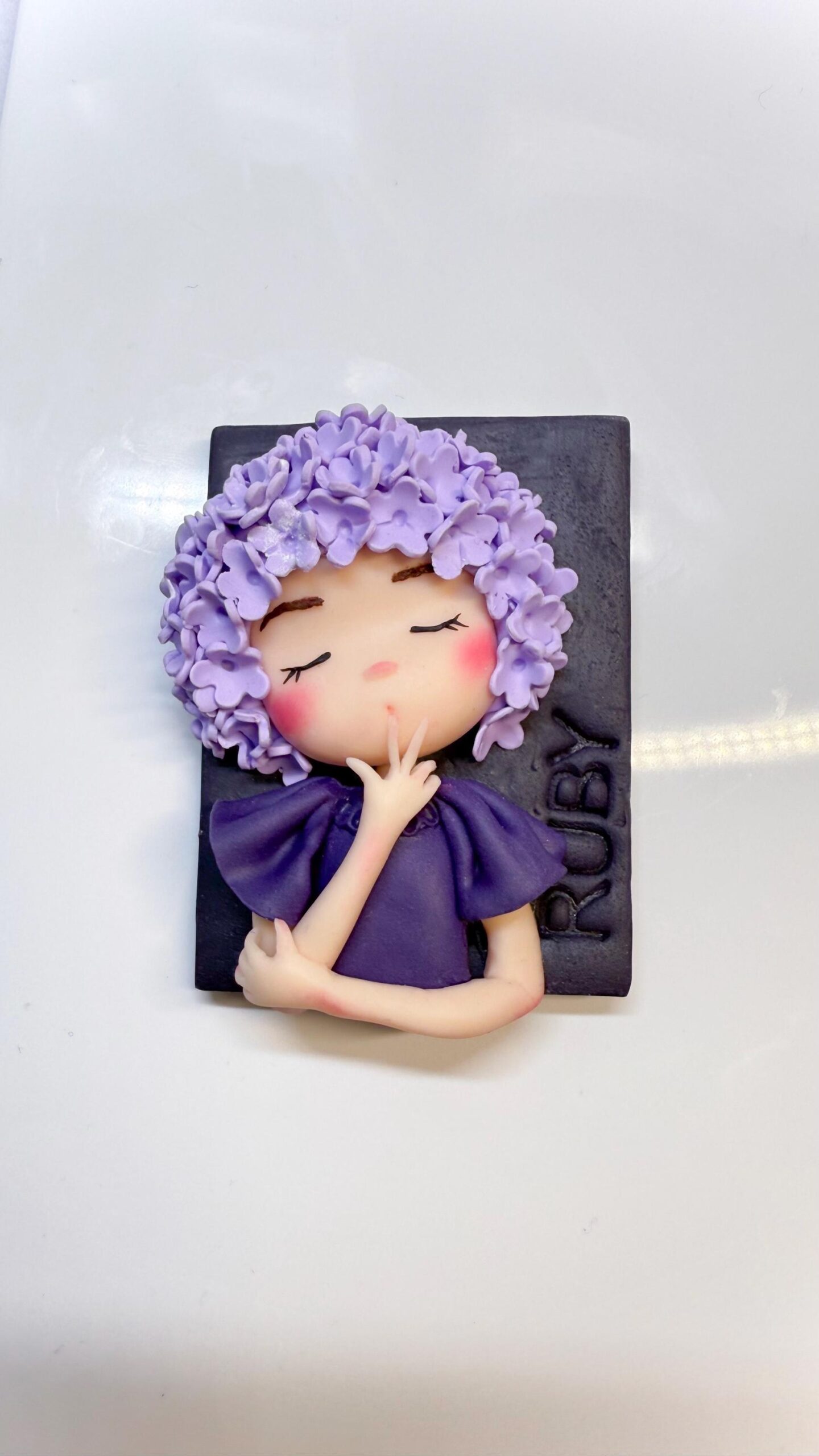 Lilac Flower Girl Portrait Magnet: Handmade Polymer Clay Fridge Art - Image 4