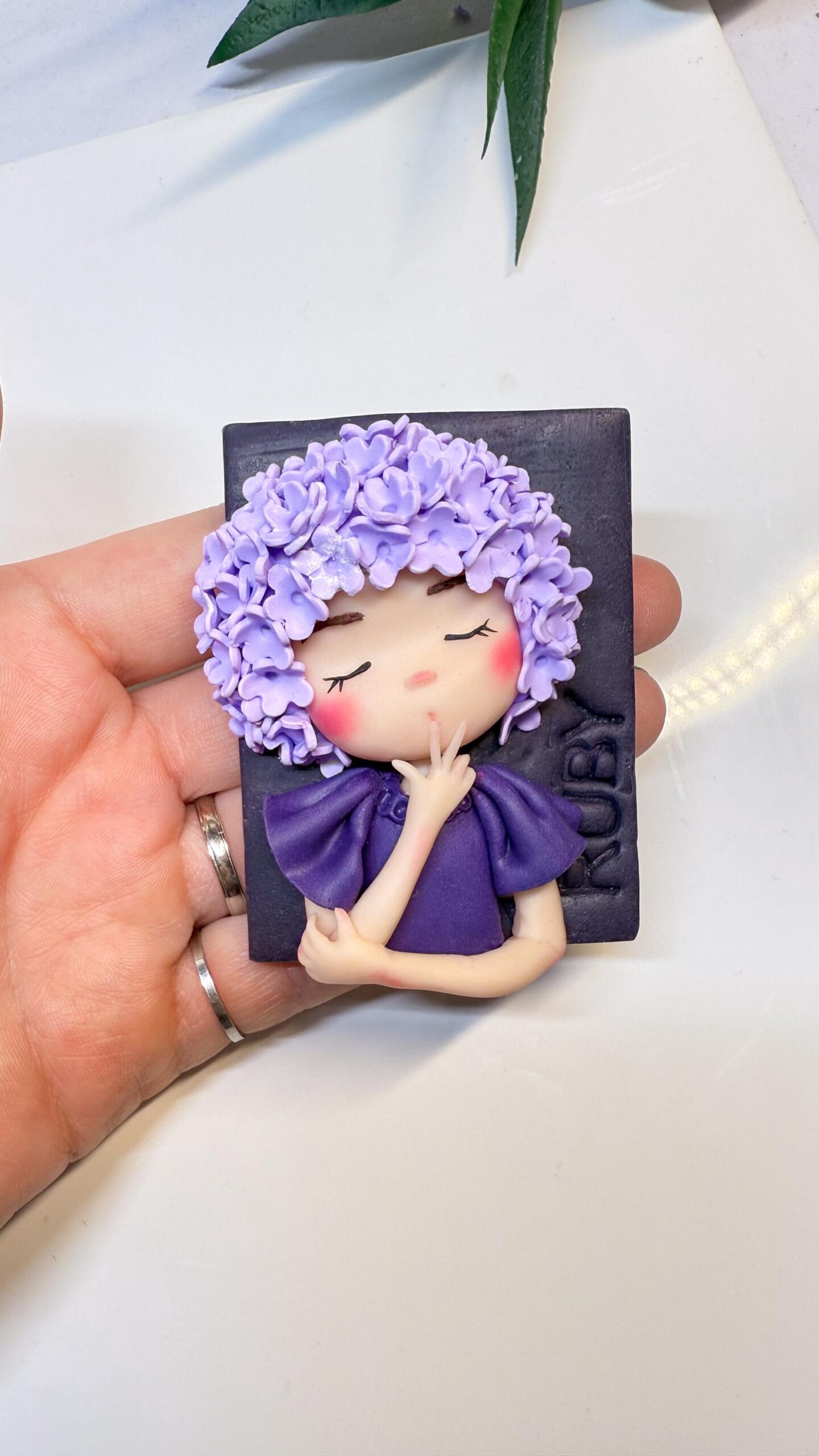 Lilac Flower Girl Portrait Magnet: Handmade Polymer Clay Fridge Art - Image 8