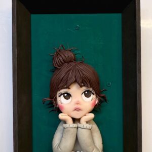 Handmade Clay Doll Portrait: Little Reader in Shadow Box