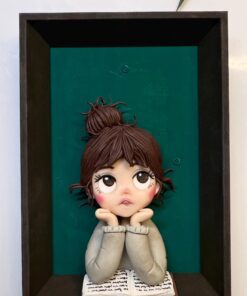 Handmade Clay Doll Portrait: Little Reader in Shadow Box