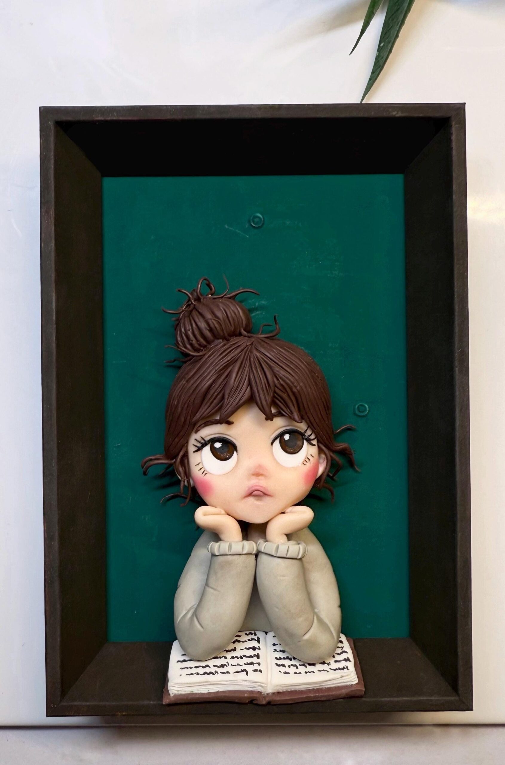 Handmade Clay Doll Portrait: Little Reader in Shadow Box