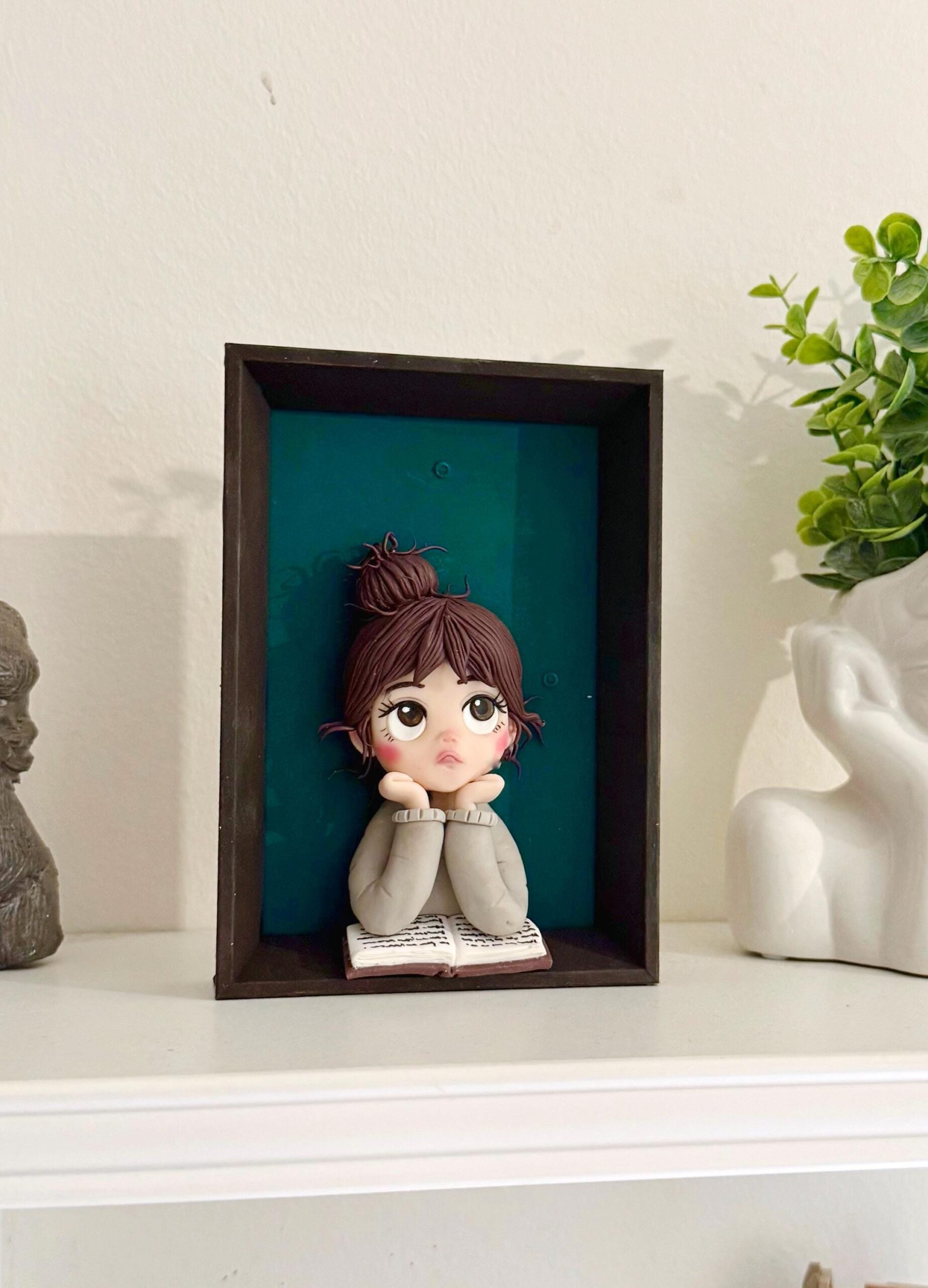 Handmade Clay Doll Portrait: Little Reader in Shadow Box - Image 4