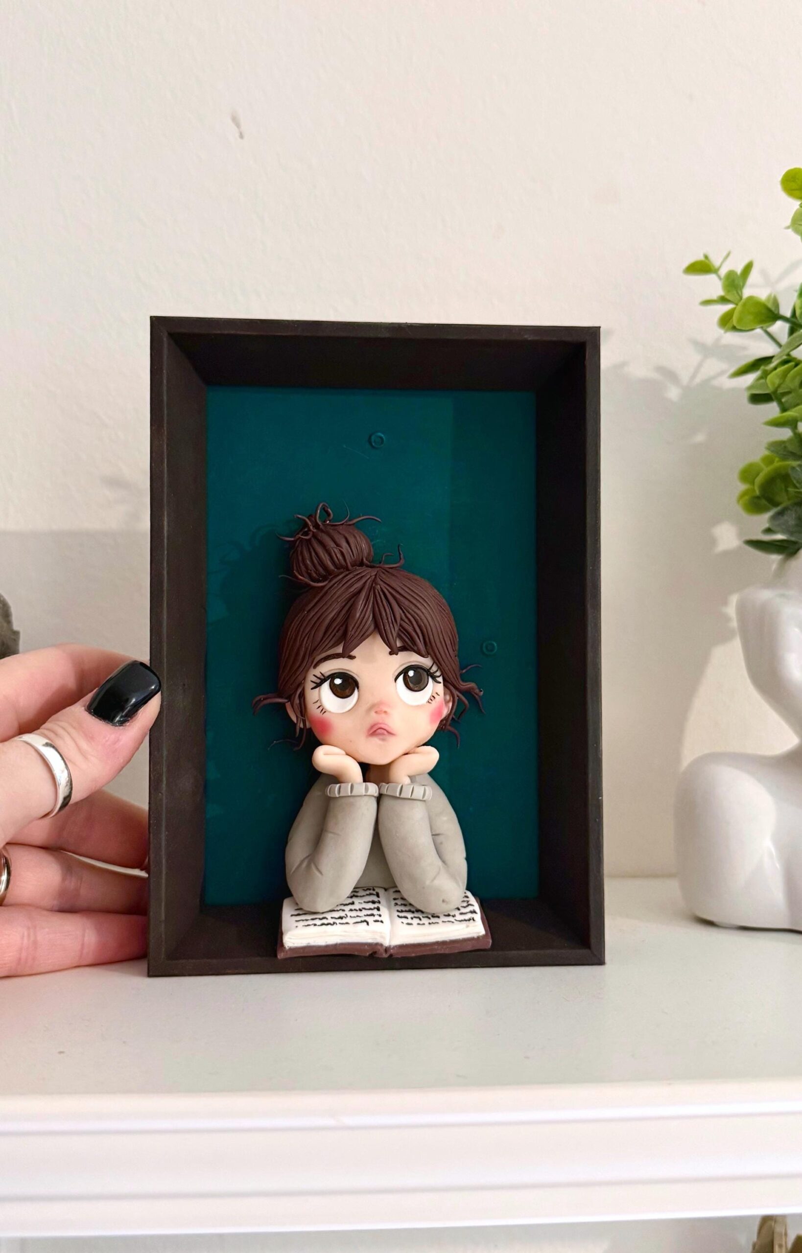 Handmade Clay Doll Portrait: Little Reader in Shadow Box - Image 5