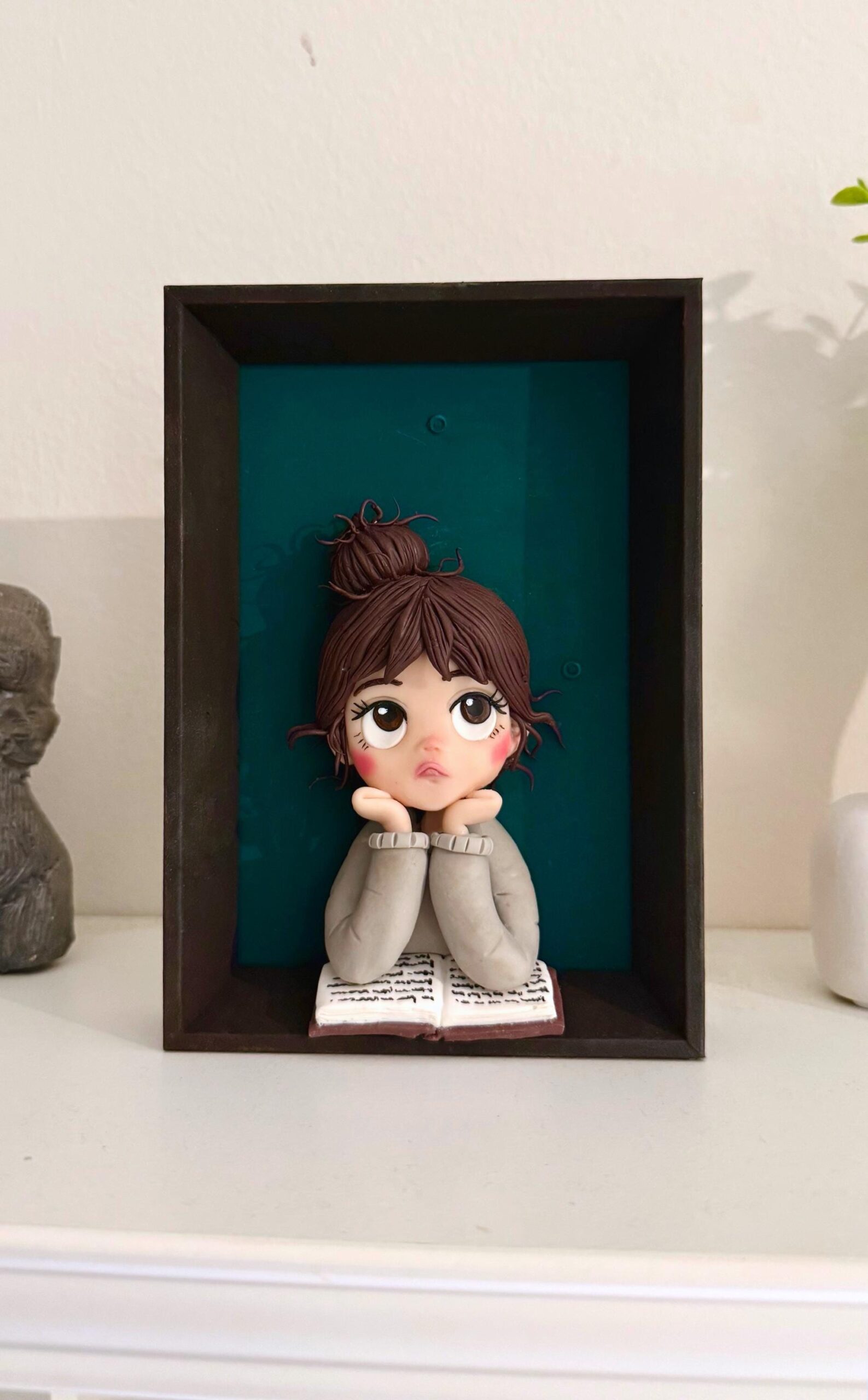 Handmade Clay Doll Portrait: Little Reader in Shadow Box - Image 6