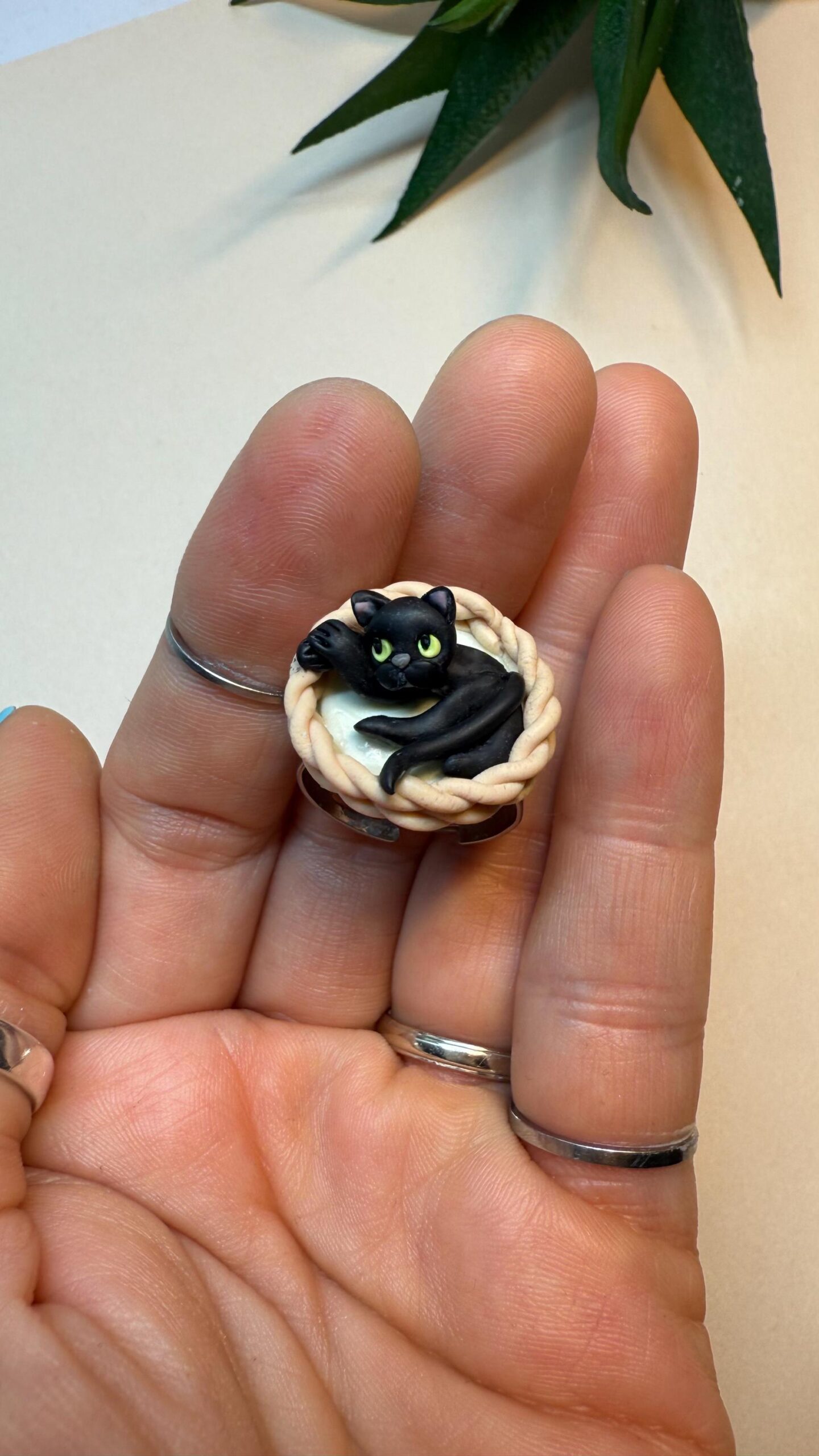 Custom Cat Ring: Handmade Polymer Clay Sleeping Cat in Basket - Image 4