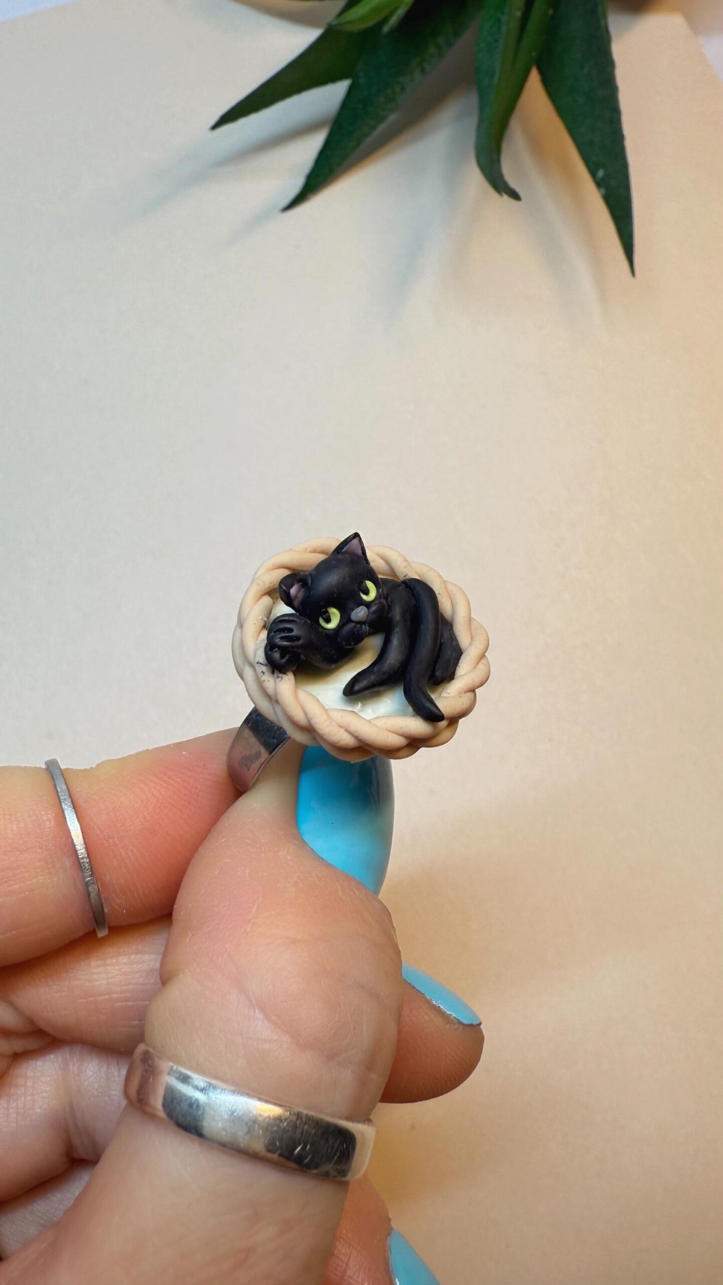 Custom Cat Ring: Handmade Polymer Clay Sleeping Cat in Basket - Image 3