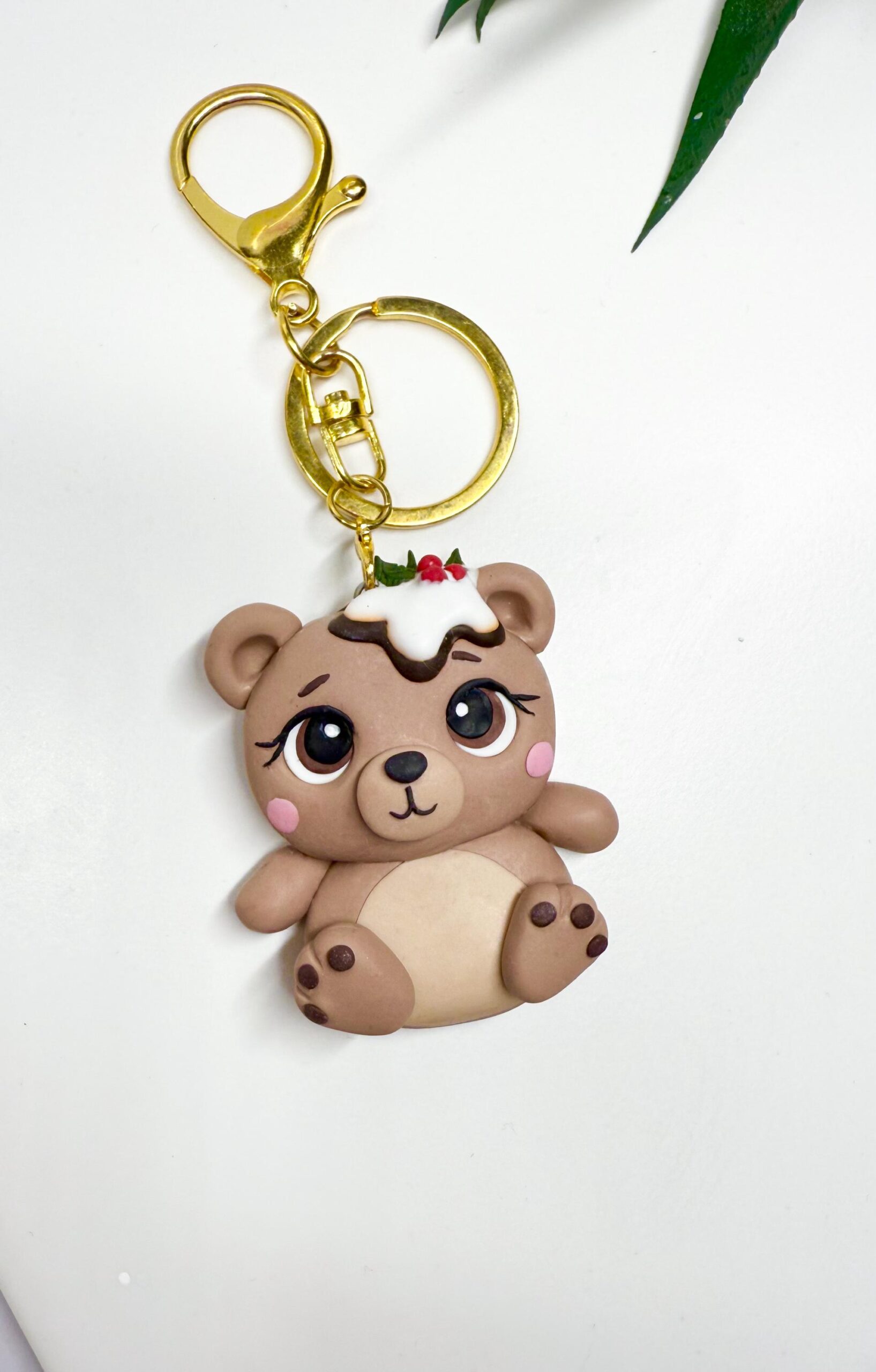 Handmade Christmas Bear Keychain – Polymer Clay Pudding Charm - Image 4
