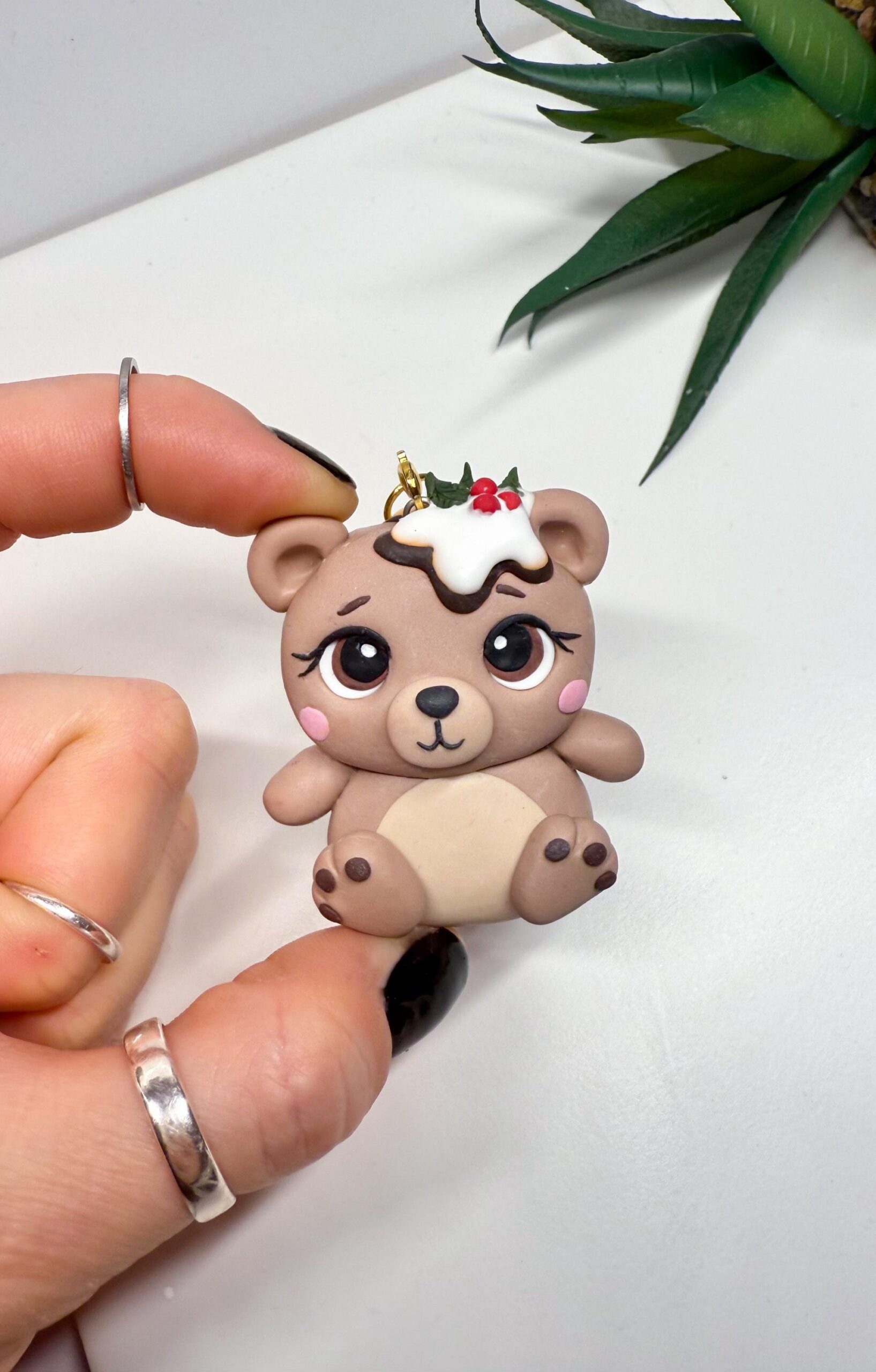 Handmade Christmas Bear Keychain – Polymer Clay Pudding Charm - Image 6