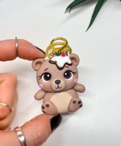Handmade Christmas Bear Keychain – Polymer Clay Pudding Charm