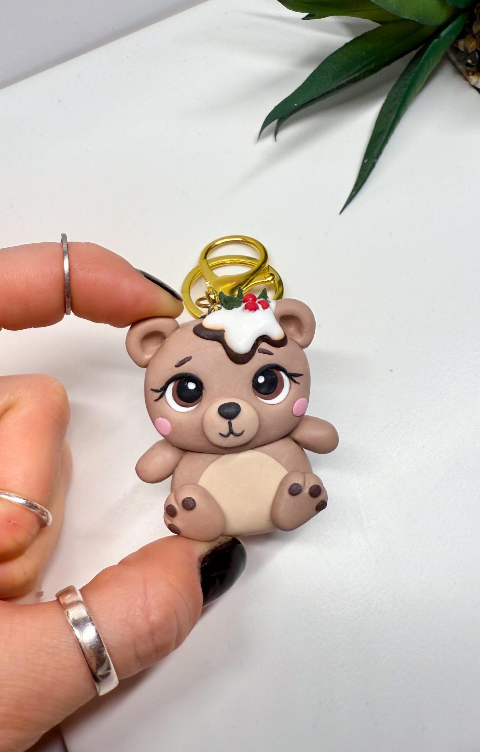 Handmade Christmas Bear Keychain – Polymer Clay Pudding Charm