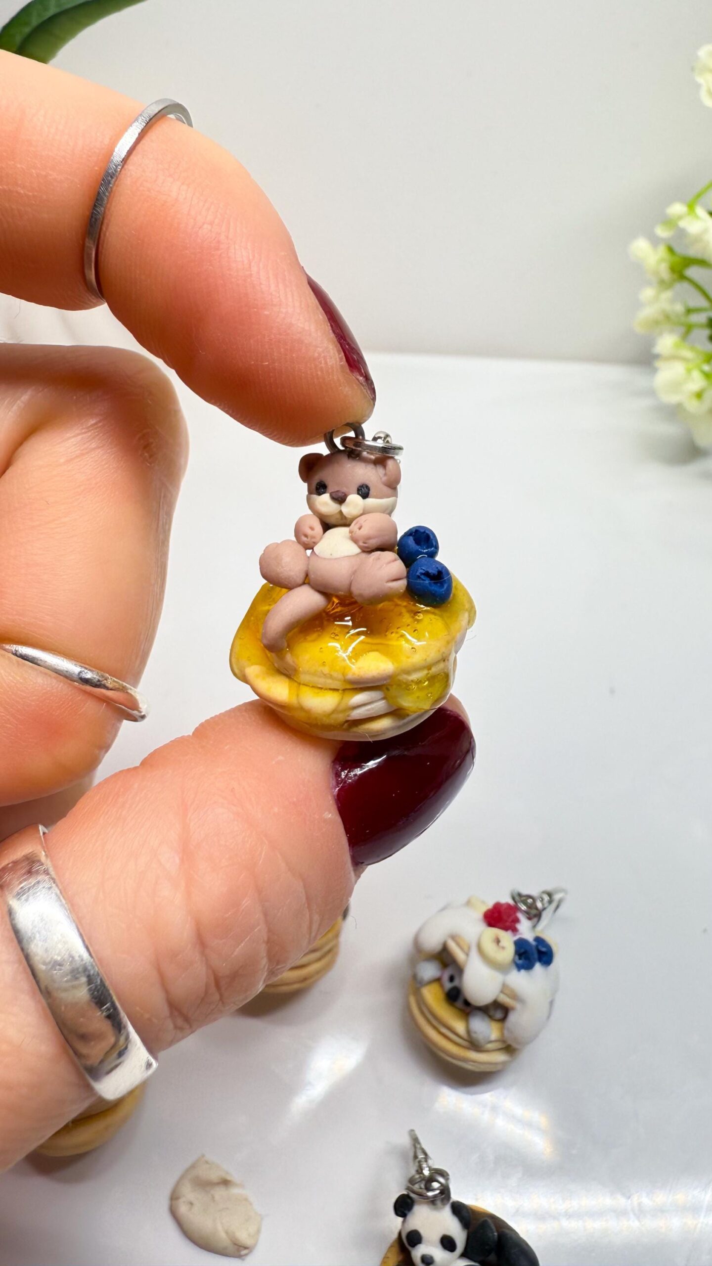 Kawaii Otter Pancake Charm or Necklace, Polymer Clay Food Jewelry - Image 7