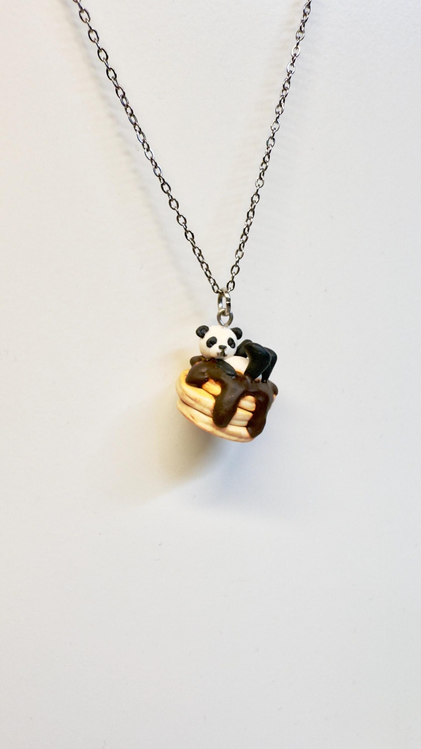 Panda on Pancakes Charm or Necklace, Polymer Clay Animal Jewelry - Image 2