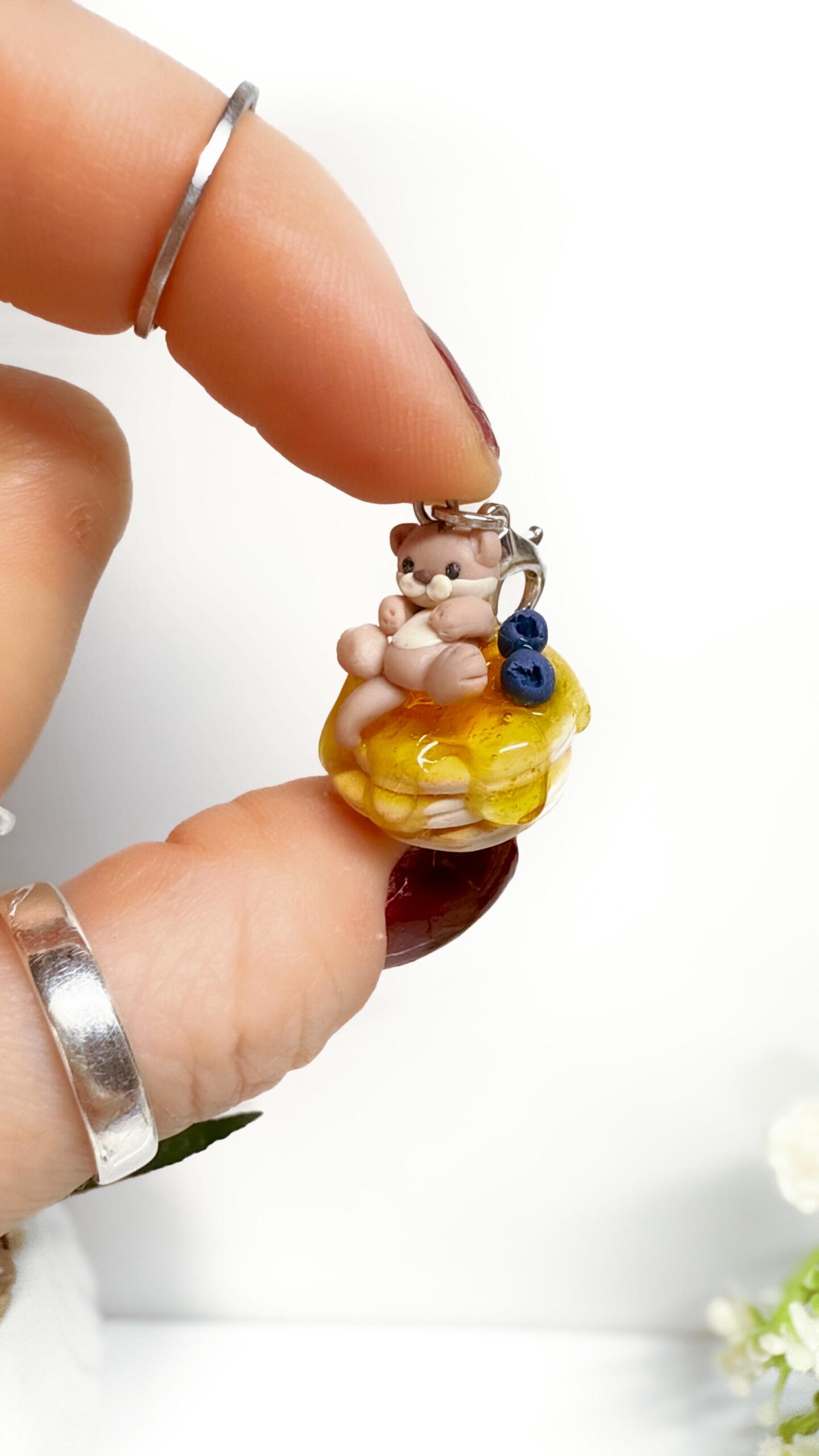 Kawaii Otter Pancake Charm or Necklace, Polymer Clay Food Jewelry - Image 4