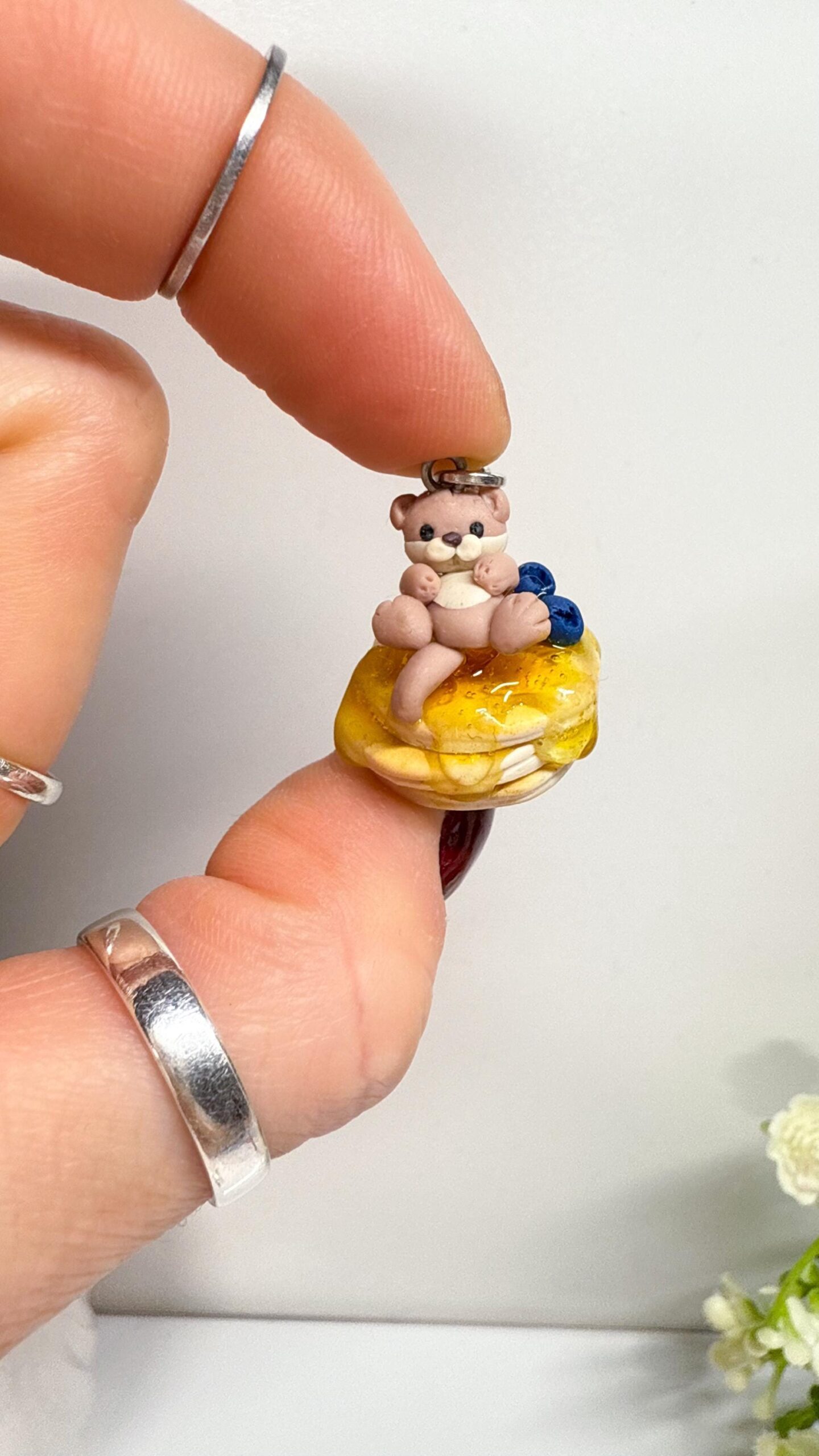 Kawaii Otter Pancake Charm or Necklace, Polymer Clay Food Jewelry