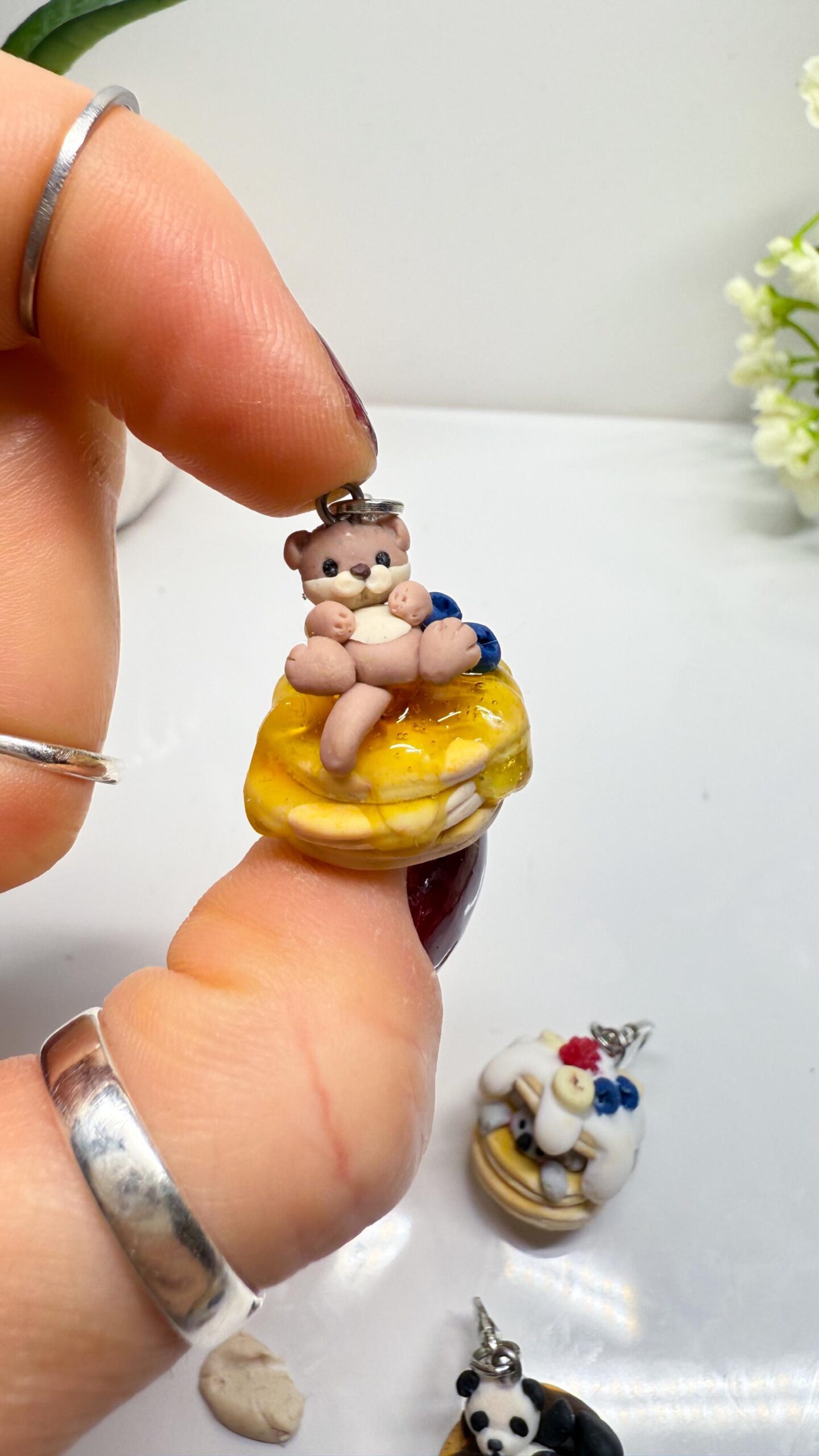 Kawaii Otter Pancake Charm or Necklace, Polymer Clay Food Jewelry - Image 9